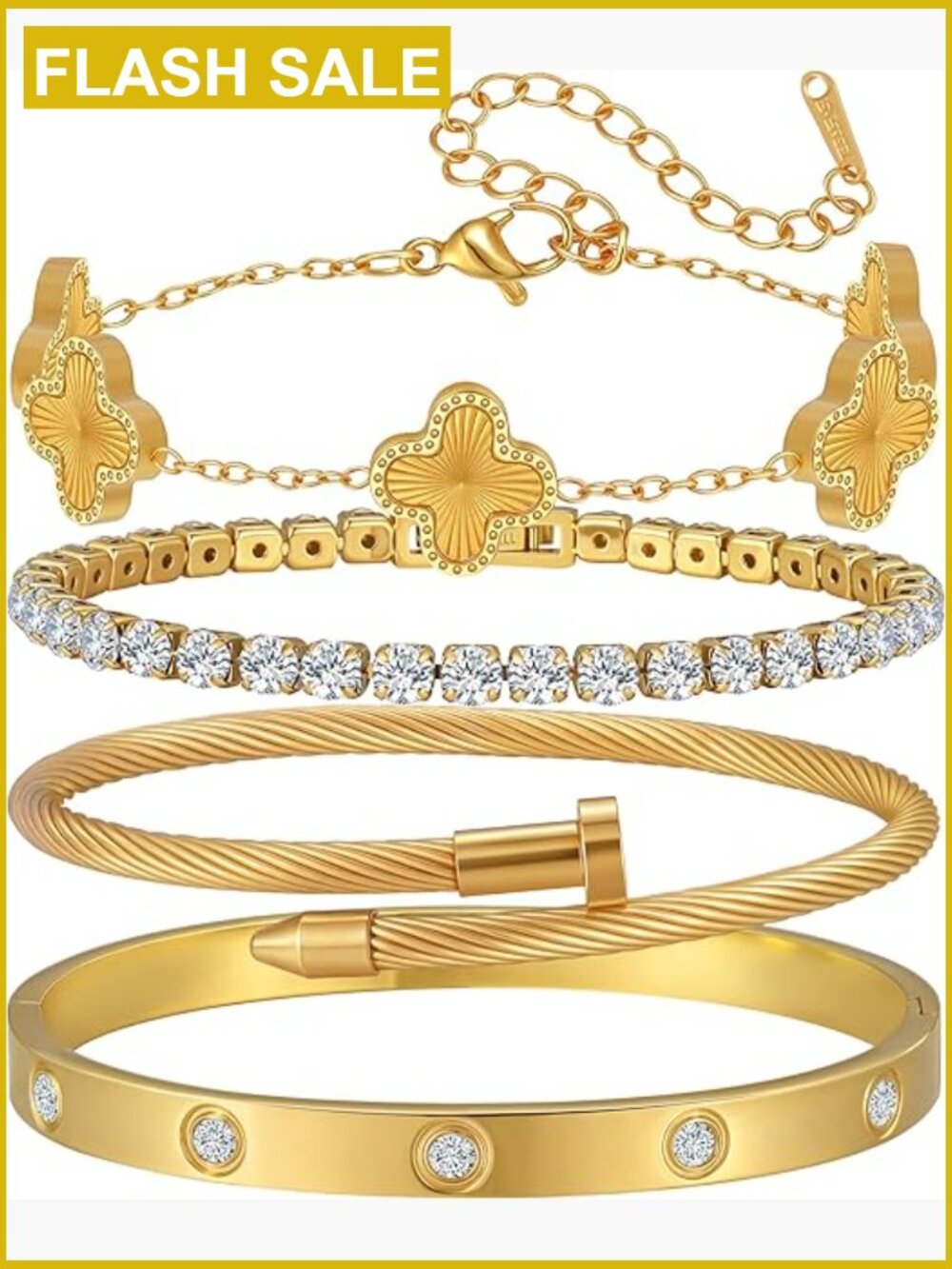 18k Gold Plated Stackable Bracelet Set, 4 Pcs Stainless Steel Bangle Jewelry